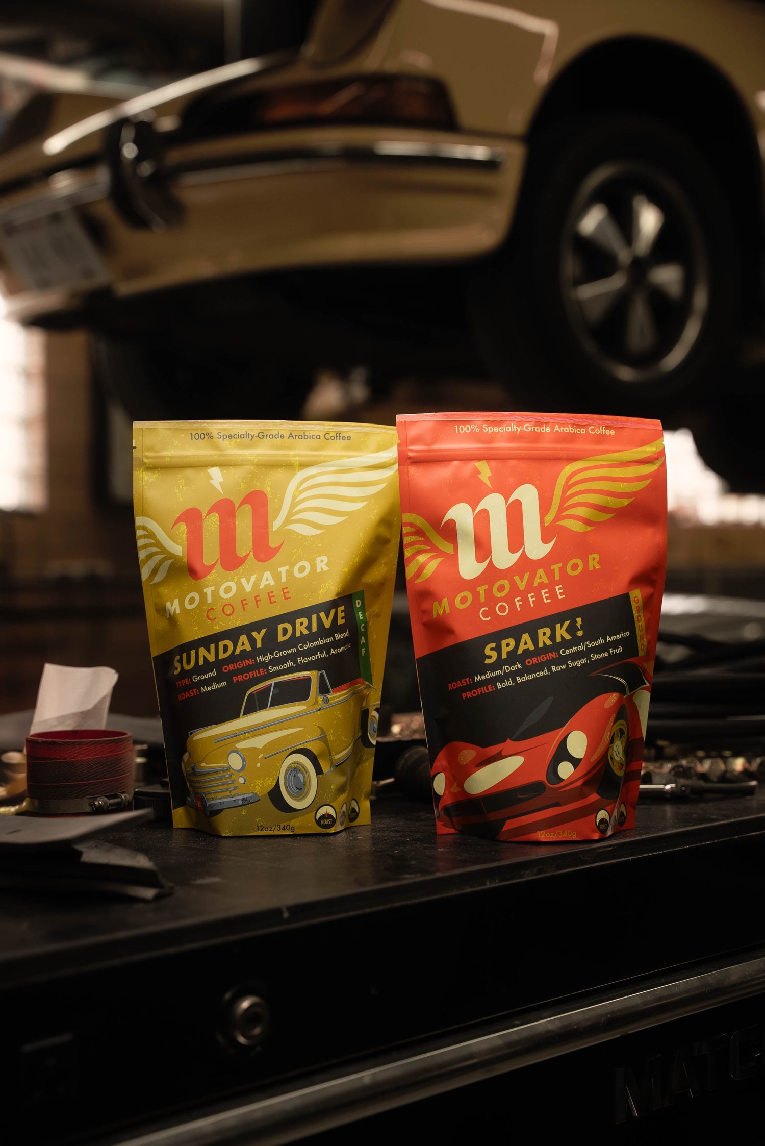 Coffe bags on a workbench with a car in the background