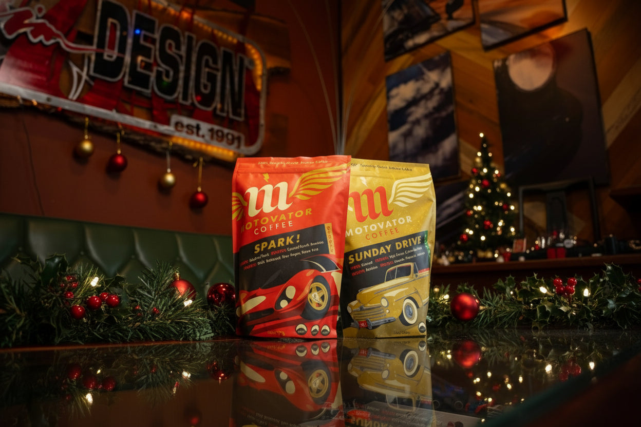 Motovator Coffee bags on a table with christmas decorations