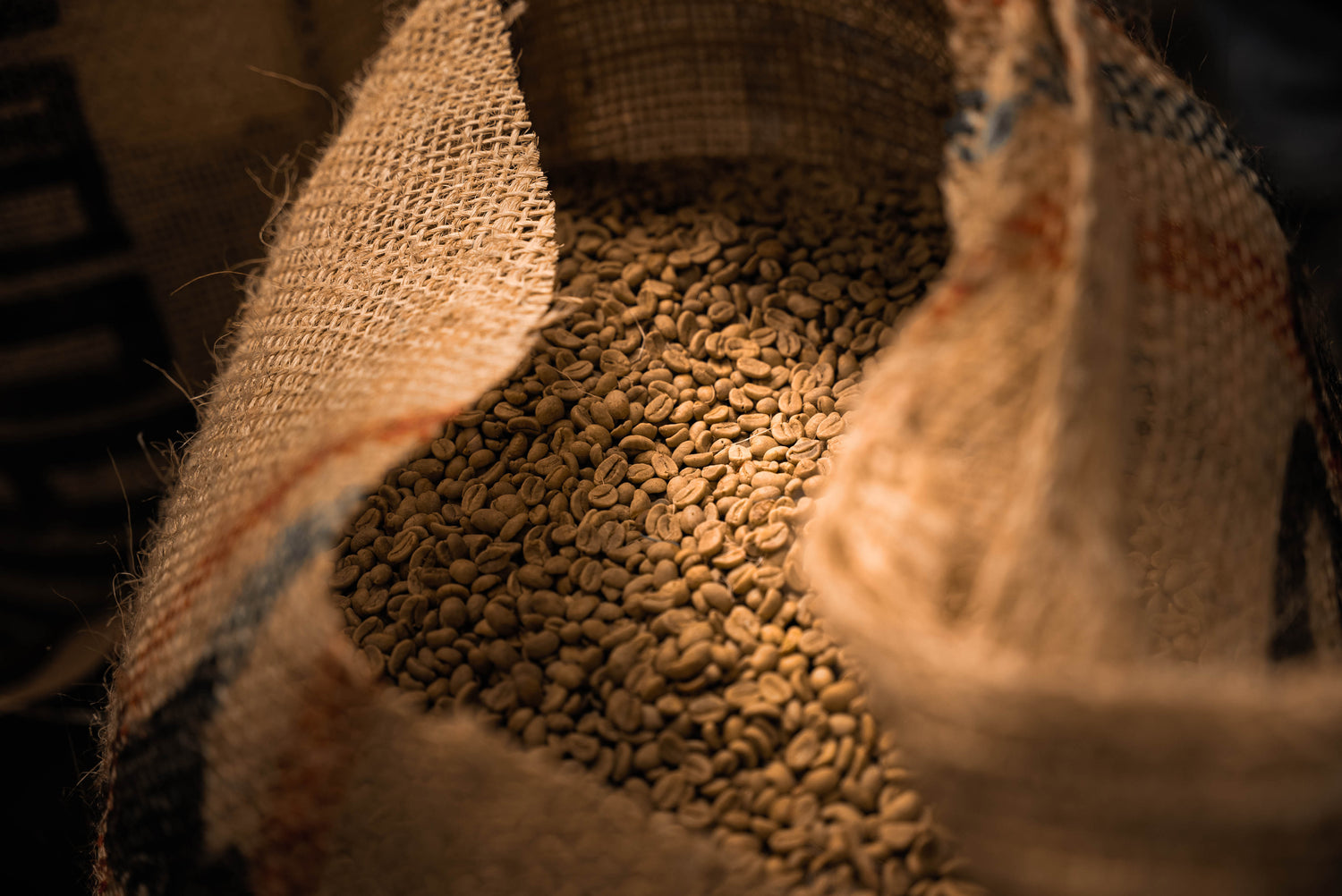 freshly opened bag of imported premium green coffee beans with dramatic lighting