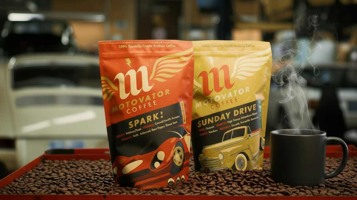 Two coffee bags labeled 'Spark!' and 'Sunday Drive' with a steaming mug on a table.